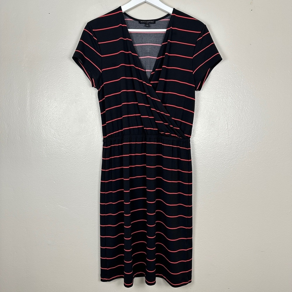 Banana Republic Women's M Faux Wrap Dress Black Pink Striped 349744-00 SPR18